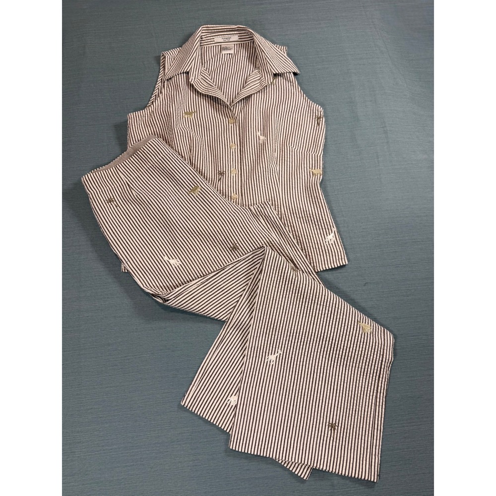 Autograph New York Seersucker Safari Embroidered 2 Pcs Set Brown White Stripe 6